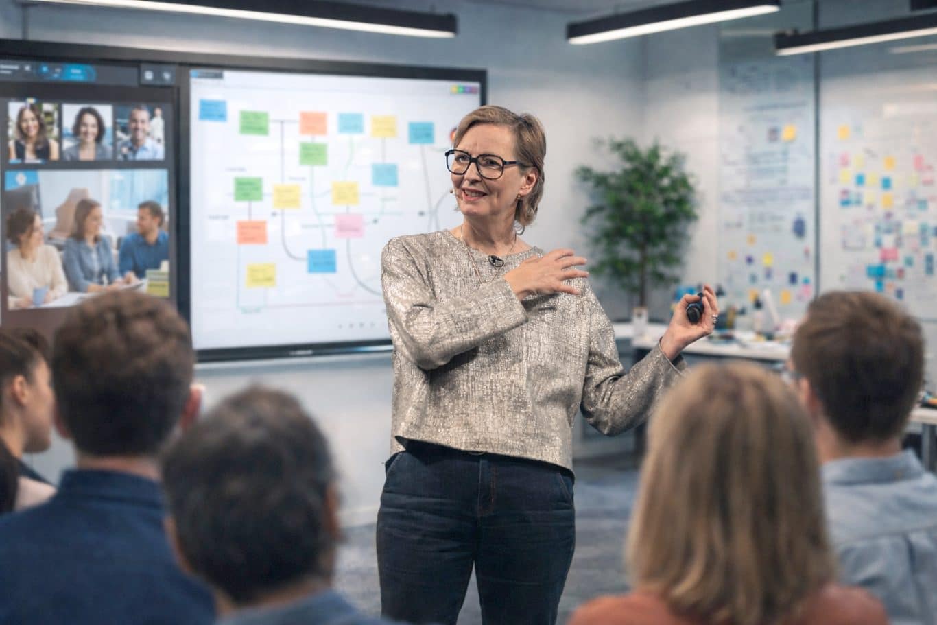 Lucia Brauburger leitet ein Training für Führungskräfte vor einem digitalen Whiteboard mit Post-its – Change Training und Coaching für Unternehmen