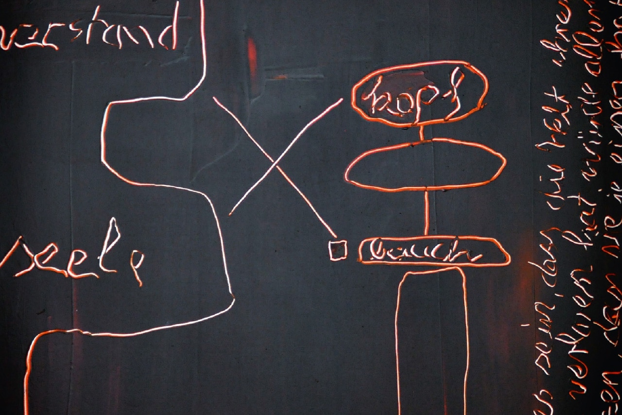 Kunstwerk von Lucia Brauburger – abstrakte Neonzeichnung mit Worten als Sinnbild für Führung, Veränderung und innere Klarheit